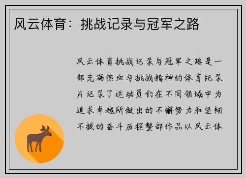 风云体育：挑战记录与冠军之路