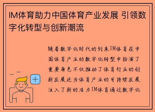IM体育助力中国体育产业发展 引领数字化转型与创新潮流
